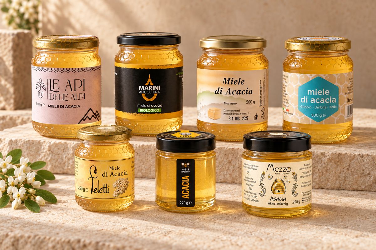Selezione di mieli di acacia italiani di diversi apicoltori