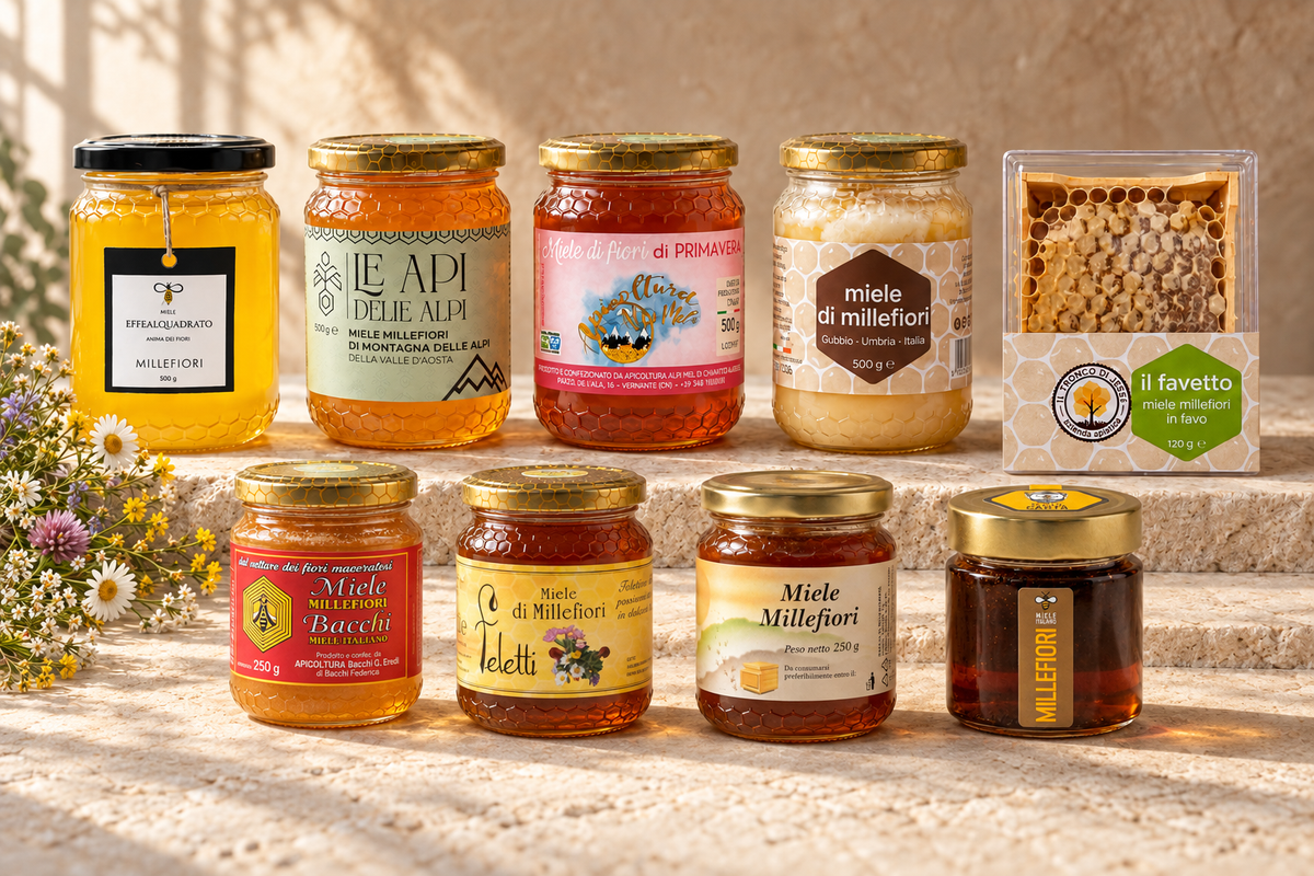 Selezione di mieli millefiori italiani e miele in favo di diversi apicoltori
