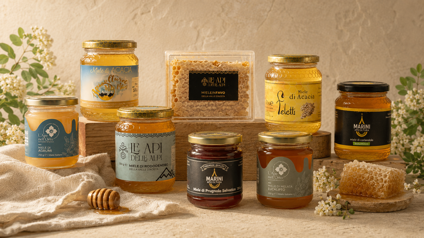Selezione di mieli artigianali Italian Honey Hub con vasetti italiani e miele in favo